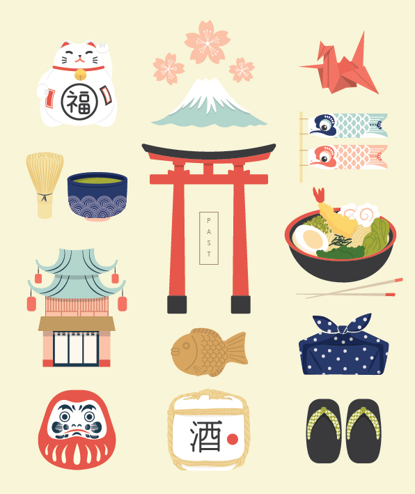 Illustration de voyage au Japon avec mont Fuji, torii, train, cerisier et ramen