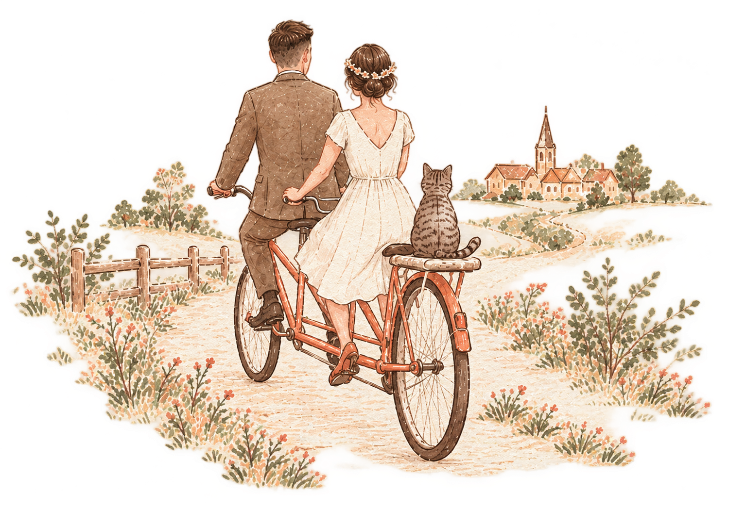 Illustration de Claire et Daniel à tandem avec leur chat